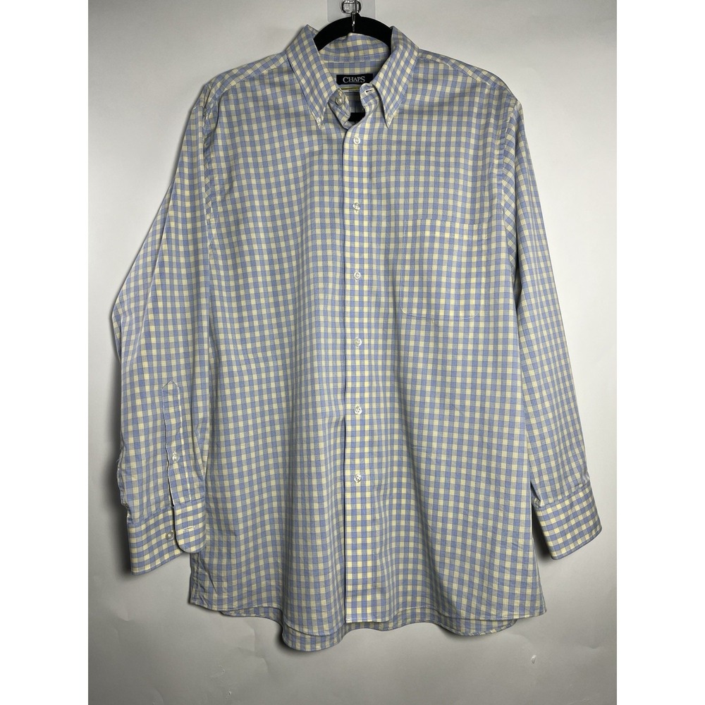 CHAPS Shirt Men's Size 16.5 32/33 Blue Yellow Plaid‎ Long Sleeve Button Front